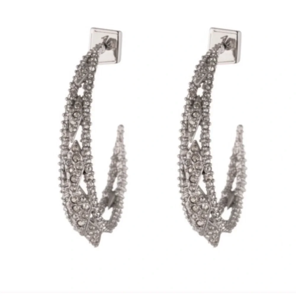 ALEXIS BITTAR • Edgy Crystal Encrusted Spiked Lattice Silver Hoop Earrings